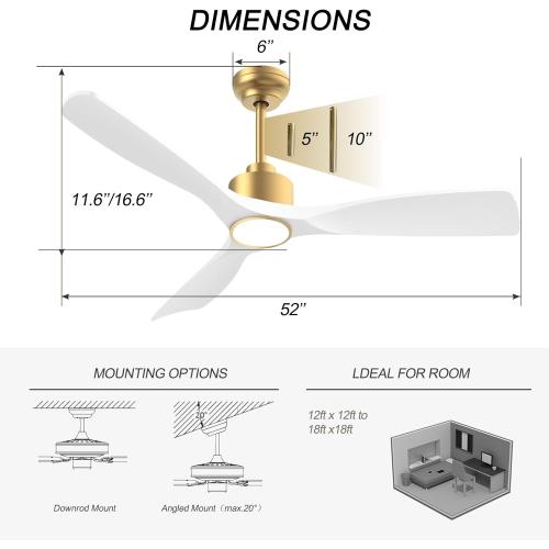 OFANTOP 52 Inch ETL Listed Indoor Outdoor Smart Ceiling Fans with Lights Remote Control, Quiet DC Motor 3 Blade Modern White Gold Ceiling Fan for Bedroom Living Room Patio