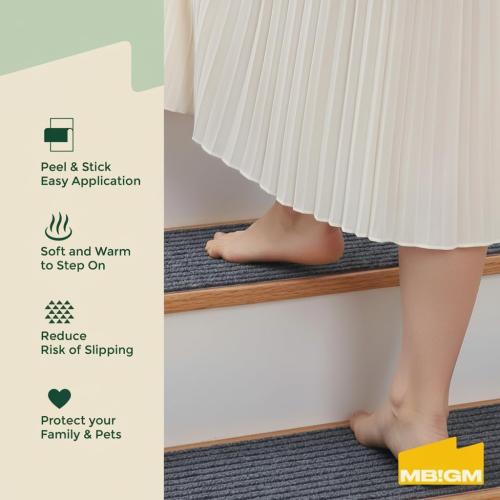 MBIGM 8 X 30 (15 in Pack) Non-Slip Carpet Stair Treads Non-Skid Safety Rug Slip Resistant Indoor Runner for Kids Elders & Pets with Reusable Adhesive - Gray - Carpet Pads for Stairs