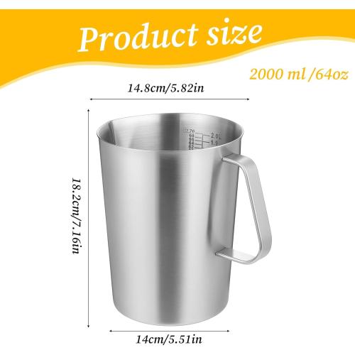 Stainless Steel Measuring Cup with Handle and Pour Lip, 2000ml 70OZ Metal Pitcher with Oz And ML Marking, Heavy-Duty Milk Frothing Jug for Coffee Latte Art, Commercial and Home Kitchen