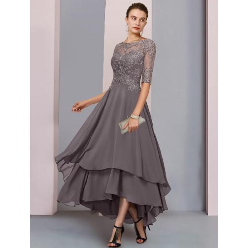 Size L....Geforsp Tea Length Mother of The Bride Dresses for Women with Sleeves Tiered Chiffon Lace Evening Formal Party Gown