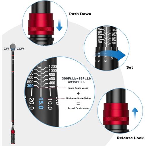 New open box for inspection SUERCUP 1-inch Drive Click Torque Wrench, 200-1300Ft-Lb/271-1761.5Nm, 48 Tooth Dual-Direction Click Torque Wrench with a Hex Key for Wind Turbines, Car andTruck Repair etc