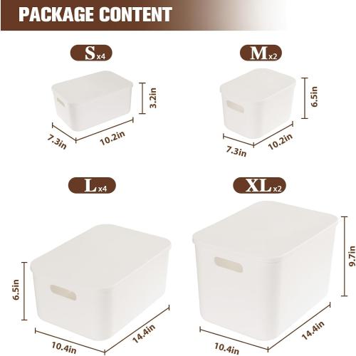 ANMINY White Plastic Storage Bins Baskets with Lids, 12-Pack, 2XL 4L 2M 4S | Large Plastic Bins, Sturdy PET, with Handles, Stackable, Opaque Storage Boxes, for Closet Shelves Desk, White Lids