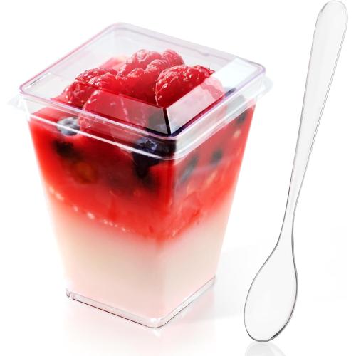 JOLLY CHEF 50 Pack 5 oz Plastic Dessert Cups with Lids and Spoons, Yogurt Parfait Appetizer Cup for Party, Clear Mini Dessert Shooter for Pudding Fruit Trifle Ice Cream