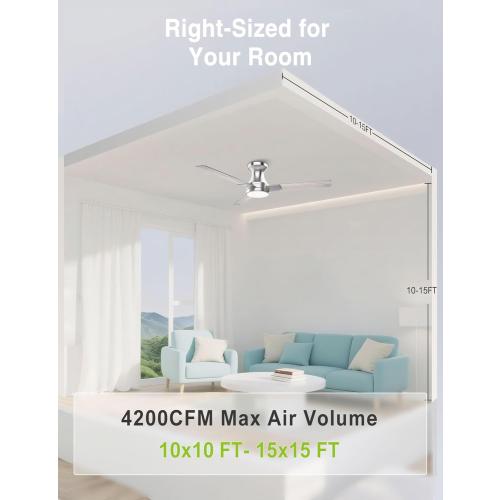 DAMINY 42 inch Ceiling Fans with Lights,3 Blades,6CCT, Low Profile Ceiling Fan with Light and Remote Control,Ceiling Fan for Bedroom, Kitchen,Indoor/Outdoor Use,Flush Mount-Nickel