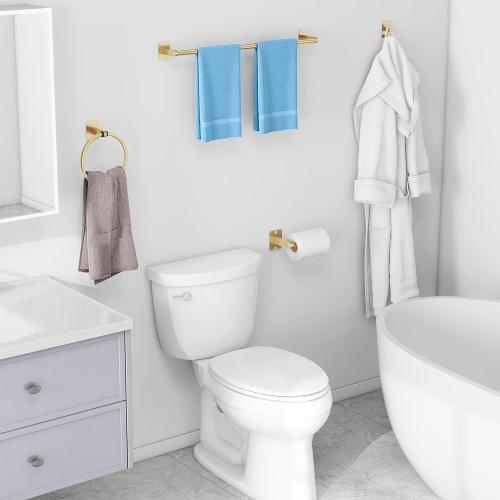 Bathroom Accessories Set, KLJKPA 4 Pieces Gold Bathroom Hardware Set, 24 inch Towel Bar, Towel Racks for Bathroom, Robe Towel Hooks, Toilet Paper Holder Wall Mounted