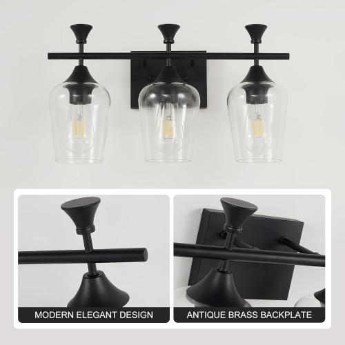 Bathroom Light Fixtures (3-Light, 19 Inch), Matte Black Vanity Lights for Bathroom with Clear Wine Glass Glass Shade, Modern Vanity Wall Lights for Mirror Bedroom Living Room Kitchen Hallway Porch
