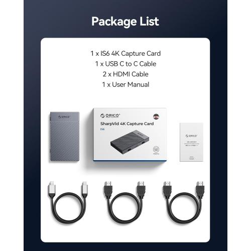 ORICO 4K USB Portable HDMI Capture Card with Dual 4K@60Hz Inputs, Compatible with PS5/Xbox/Switch/OBS and More, for Streaming & Recording Gaming, Works on Laptop, PC, Mac, iPad