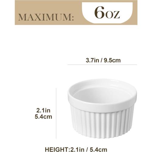 MALACASA Ramekins 6 oz Oven Safe, Porcelain Creme Brulee Ramekins Pudding Custard Cups Small Ceramic Souffle Dishes Ramakan Ramiken Ramicans Baking Bowls Set of 6, White, Series RAMEKIN-DISH