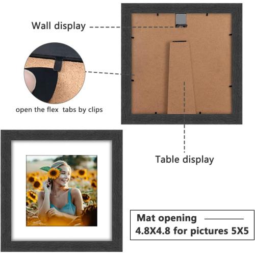 8x8 Picture Frame Rustic Black Wood Set of 6,Display Pictures 5x5 with Mat or 8x8 Without Mat,Multi Photo Frames Collage for Wall or Tabletop Display