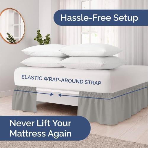 Wrap Around Dust Ruffle Bed Skirt - Light Grey - for Queen Size Beds w/ 16 Inch Drop - Easy Fit Elastic Strap - Adjustable Pleated Bedskirt with Brushed Fabric, Wrinkle Free Women, Men, Kids and Teens
