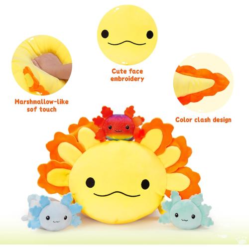 MaoGoLan 4Pcs Giant Axolotl Plush with 3 Babies Inside-23.5 Large Ultra Soft Axolotl Stuffed Animals Throw Pillow-Squishy Stuffed Axolotl Plush Collection Gift for Axolotl Lover,Kids,Teens,Yellow