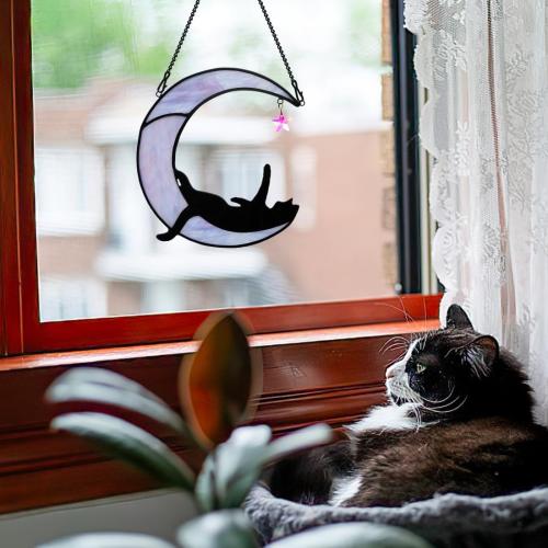 BOXCASA Black Cat Moon Suncatchers for Windows Hanging,Funny Stained Glass Cats Gift,Witchy Gifts for Women,Cats Themed Gifts for Women