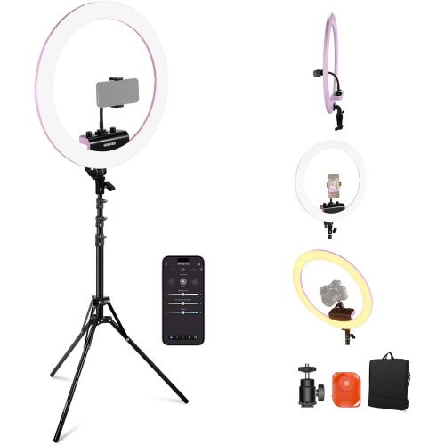 NEEWER Professional Ring Light with Stand and Phone Holder, 18 inch Ultra Thin, 45W 2900K-7000K TLCI98, Remote Shutter & App Control, Softer Lighting for Makeup Live Stream TikTok, RP18B Pro Pink