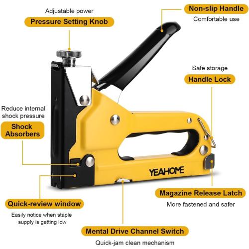 Upholstery Staple Gun Heavy Duty, YEAHOME 4-in-1 Stapler Gun with 4000 Staples, Manual Brad Nailer Power Adjustment Stapler Gun for Wood, Crafts, Carpentry, Decoration DIY