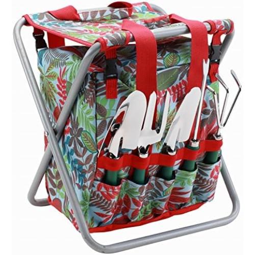 7-piece Garden Tool Set with Tote and Folding Stool Seat