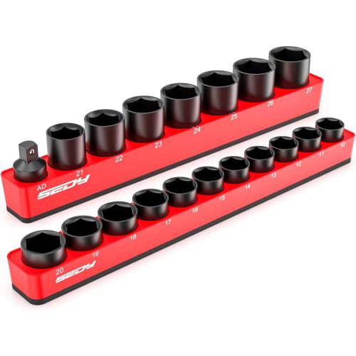 2-Piece 1/2-Drive Metric Magnetic Socket Organizer Set (Holds 19 Sockets) - Detachable Tool Tray with 5mm Magnetic Base, Screw-Fixed Design & Heavy-Duty Modular Storage for Garage/Home Workshop