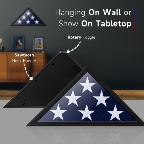 Glass Front Flag Display Case for 5' x 9.5' Folded Burial Flag, Black Solid Wood Frame, Wall Mount Military Flag Box Display Case for Veterans