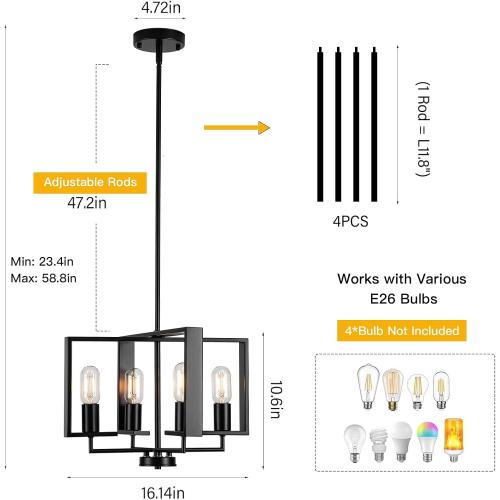 Modern Chandeliers for Dining Room, Black Farmhouse Chandelier, 4 Lights Industrial Pendant Light Fixture Adjustable Hanging Lights for Living Room Entryway Kitchen (Black, 16.14【4 Lights】)
