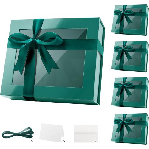 PACKQUEEN 5 Extra Large Green Gift Boxes with Windows, 16.3x14.2x5 Inches Clear Gift Boxes for Presents Contain Ribbons, Cards, Groomsmen Proposal Boxes Magnetic Lids (Glossy Green)