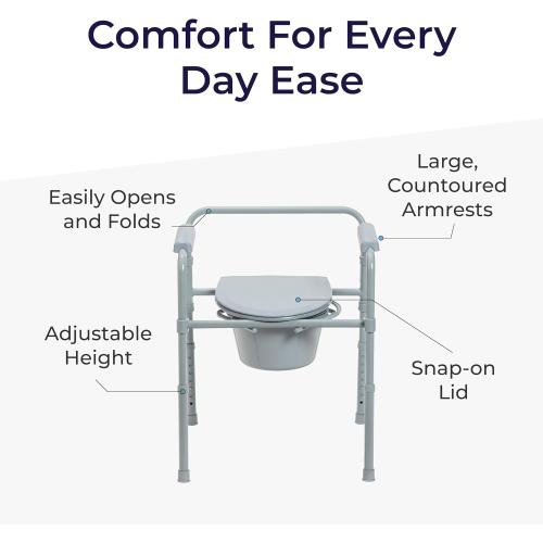 Drive Medical Folding Steel Bedside Commode Chair - Portable 3-in-1 Toilet Solution - Adjustable Height - 7.5 Qt Bucket Included - Durable Powder-Coated Steel Frame - Supports up to 350 Lb