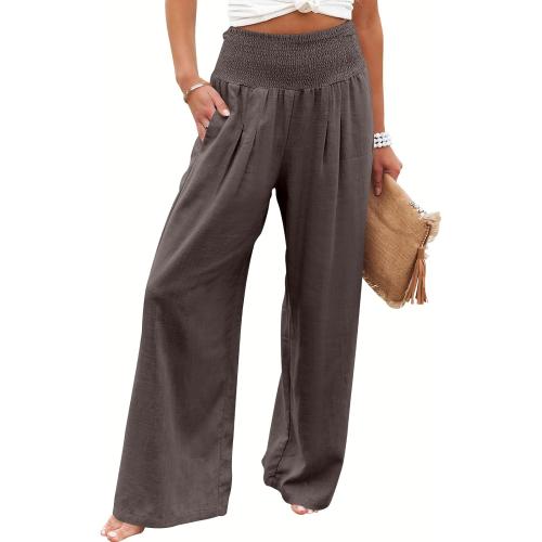Size L ..Women Linen Palazzo Pants Summer Boho Wide Leg High Waist Casual Lounge Pant 2025 Beach Travel Vacation Outfits