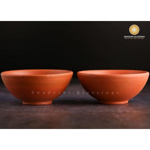 SWADESHI BLESSINGS Exclusive Range Unglazed Clay Serving Bowl Set/Terracotta Bowls/Earthen Snack Bowl/Small Yogurt Pots/Mud Bowls, 4.5Inches(Set of 2)one spoon and the plate