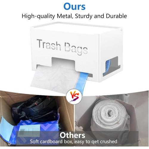 Size Large Trash Bag Holder Dispenser, Metal Garbage Bag Dispenser Roll Holder, Kitchen Trash Storage Organizer for Under Sink, Wall Mounted or Countertop, White