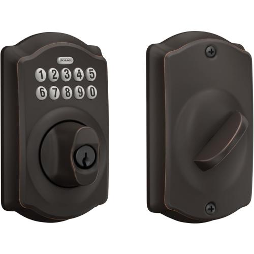 Schlage BE365 V CAM 716 Camelot Keypad Deadbolt, Electronic Keyless Entry Lock, Aged Bronze