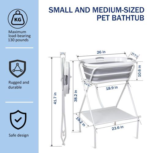 2 in 1 Elevated Dog Bath Tub & Foldable Washing Station with Stand, Portable Pet Bathtub for Small Medium Dogs & Cats, Raised Pet Shower Tub with Safety Collar & Drain Plug & Brushes