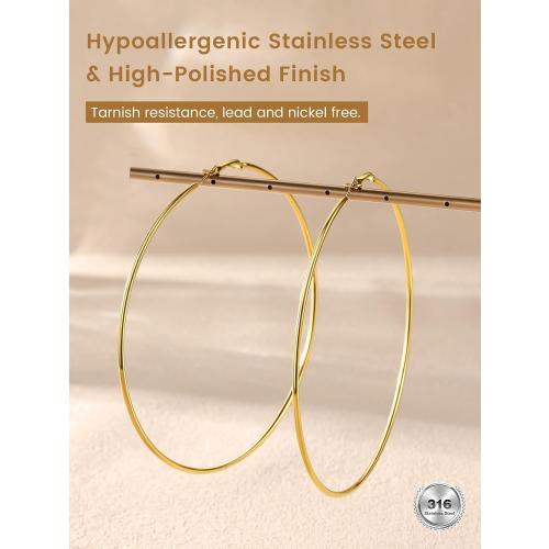 KeyStyle Gold Hoop Earrings for Women, Stainless Steel Hoops Earring Lightweight Loops, 2 mm Thick Hypoallergenic Circle Endless Thin Hoop (30 mm,50 mm,70 mm,100 mm)