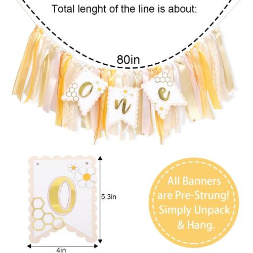 Bee One High Chair Banner Yellow - Bee for 1st Birthday Highchair Banner, Beehive Theme Birthday Party Supplies, Sweet One Party Decorations, Daisy First Photo Props (Beehive Garland Yellow)