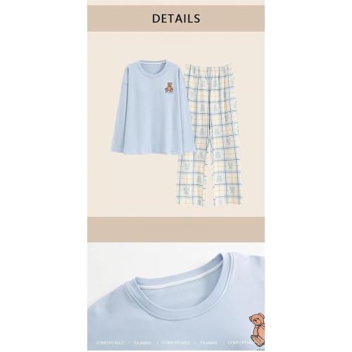Size M...Kawaii Loungewear Women Pajamas Autumn Cute Bear Print Pajama Cotton O-neck Sleepwear Long Sleeve Plaid Pants Pjs