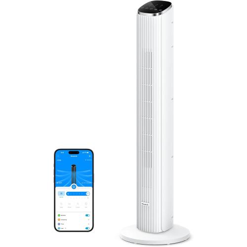 GoveeLife White Tower Fan for Bedroom, 36 Smart Floor Fan with App/Voice Control, Temperature Sensor, 5 Modes 8 Speeds(25ft/s), 29dB Quiet Oscillating Fan for Office, 24H Timer, Auto Cooling