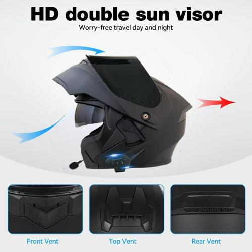 Color Black Motorcycle Bluetooth Modular Helmet, DOT Approved Flip Up Full Face Motorcycle Dual Visor Helmet, with Dual Speakers and Microphone, for Adults Men and Women