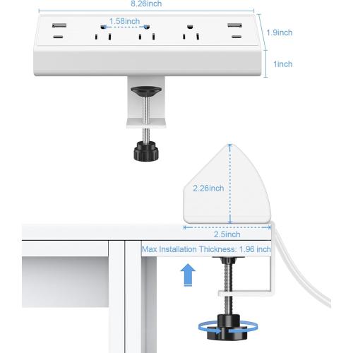 Jgstkcity Desk Clamp Power Strip,40W Total Fast Charging Station,2 PD 20W USB C Ports,Desk Edge Mount Surge Protector for Home, Office,3 Outlets,Fit 1.96 Tabletop Edge,ETL Listed,White