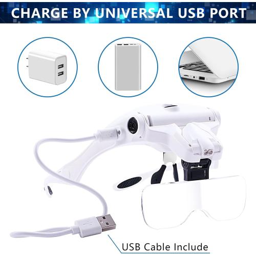 Hands Free Headband Magnifying Glass, USB Charging Head Magnifier with LED Light Jewelry Craft Watch Hobby 5 Lenses 1.0X 1.5X 2.0X 2.5X 3.5X (Upgraded Version)