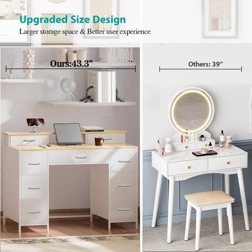 VASICAR Dresser for Bedroom with 9 Drawers & 2 Open Shelves, Fabric Storage Cabinet, Chest of Drawers, Long Dresser for Closet, Wooden Top & Metal Frame, Classic White