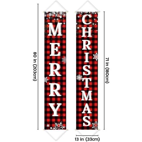 Ivenf Christmas Decorations Outdoor Yard Front Porch Sign Set, Red Black Buffalo Plaid Door Banner, Hanging Merry Christmas Decorations for Home, Indoor Outdoor Xmas Decor Wall Front Door Yard Garage
