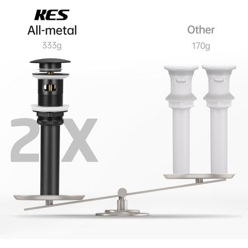Black KES Bathroom Sink Drain with Overflow Vessel Sink Stopper Pop Up Drain Assembly Matt Black for 1.6-1.9 Sink Hole, All Metal Rustproof Brass and 304 Stainless Steel, S2008A-BK