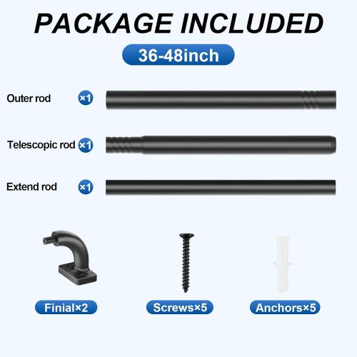 Curtain Rod for Windows 36 to 48 Inches, Blackout Wrap Around Curtain Rod for Bedroom, Living Room, 1 Inch Diamete Adjustable Drapery Rods，Matte Black