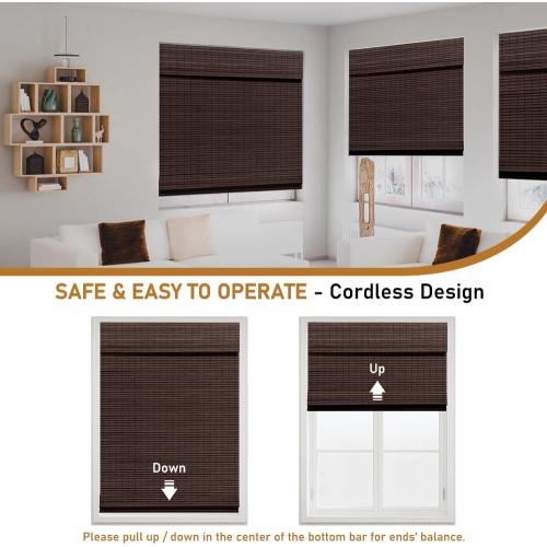 SEEYE Cordless Bamboo Roman Shades, Blackout Natural Bamboo Blinds for Indoor Windows, Roll Up Blind Privacy Shade for Home, Office, Door, UV Resistant & Easy to Install, 44 W x 64 H, Brown