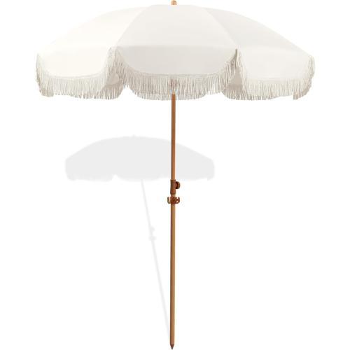 7.5ft Patio Umbrella with Fringe, Beach Umbrella, Fringe Umbrella Outdoor Patio with Hanging Hook, Tilting Aluminum Pole, UV 50 , Fiberglass Ribs, Elegant Cream