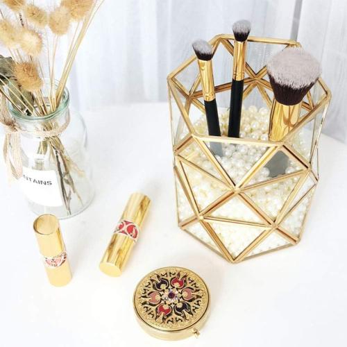 Clear Glass Makeup Brush Holder Vintage Jewelry Organizer Metal Handmade Art Crafts Pearls Not Included (Brass)