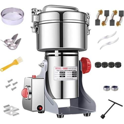Electric Grain Grinder Mill 1000g High-speed Spice Herb Mill Commercial Powder Machine for Dry Cereals Grain Herb Spice Coffee Corn Bean (1000g Stand Type)