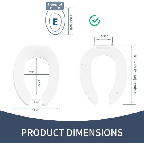 Commercial Open Front Toilet Seat Elongated, Heavy Duty Public Restroom Toilet Seat, Durable PP Plastic, Easy Install Replacement for School, Hospital, Hotel & Church, White