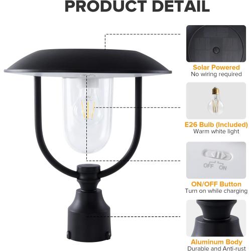 LUTEC Solar Lamp Post Light Outdoor, Dusk to Dawn Exterior Pole Lights Head for Pier and Pole Mount, Waterproof Black Solar Post Fixture for Garden, Patio, Pathway