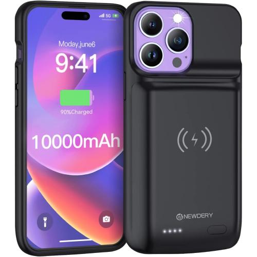 NEWDERY Battery Case for iPhone 14 Pro Max,14 Plus 10000mAh,Qi Wireless Charging,Wired Headset,Sync-Data Supported, Rechargeable Charger Cover for iPhone 14/13/12 Pro Max/14 Plus Black
