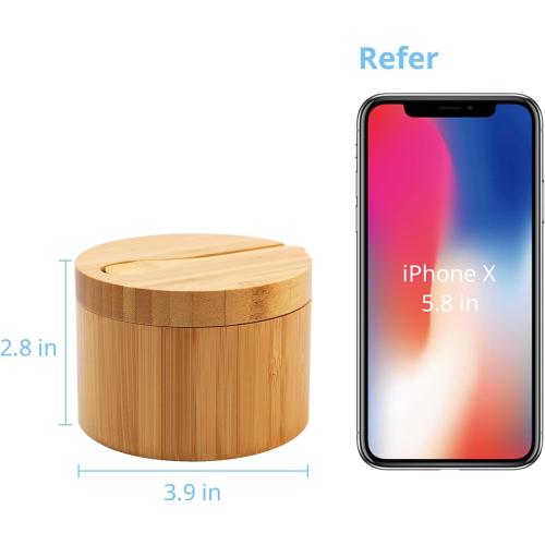HTB Bamboo Salt Cellar with Mini Spoon, Kitchen Salt Box with Swivel Magnetic Closure Lid, Round Salt Container to Storage Pepper Spice Bath Salt Sea Salt