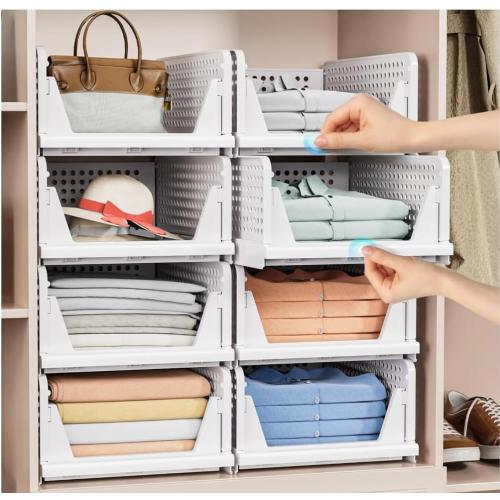 4 Pack Stackable Closet Storage Basket - Stackable Storage Bins, Multifunctional & Foldable Closet Organizer Divided, Wardrobe Cupboard Space-Saving Clothes Storage Hat Organizer, White