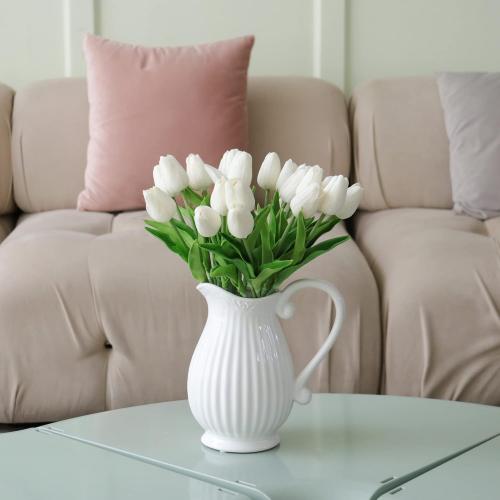 Tulips Artificial Flowers 20 Pcs White Fake Tulip Stems Real Touch PU Tulips for Easter Spring Wedding Bouquet Home Centerpiece Floral Arrangement Table Décor